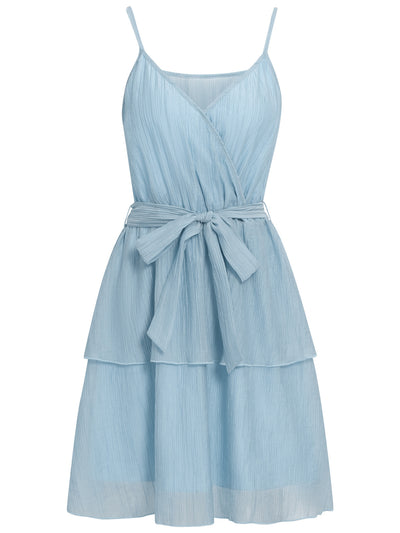 Casual Solid Color And V-neck Tie Waist Strap Dress For Women by Glamytek