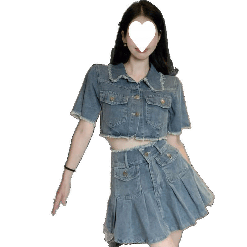 Washed Raw Edge Shirt Denim Suit by Glamytek