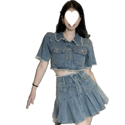 Washed Raw Edge Shirt Denim Suit by Glamytek