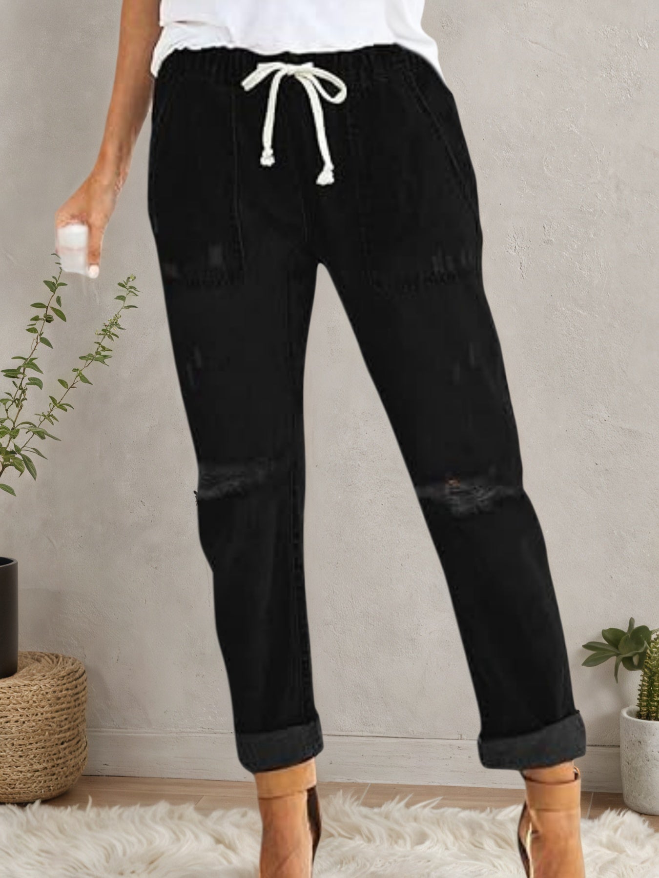 2025 New Women's Casual Set Wearing Distressed Stretch Jeans, Elastic Waisted Jeans, Denim Jogging Pants by Glamytek
