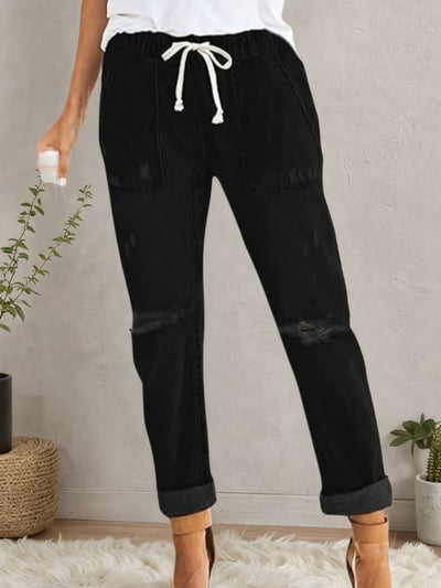 2025 New Women's Casual Set Wearing Distressed Stretch Jeans, Elastic Waisted Jeans, Denim Jogging Pants by Glamytek