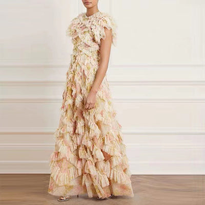 An irregular round-neck dress with patchwork prints by Glamytek