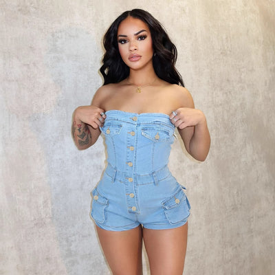 Elastic Denim Sleeveless Jumpsuit with Pockets