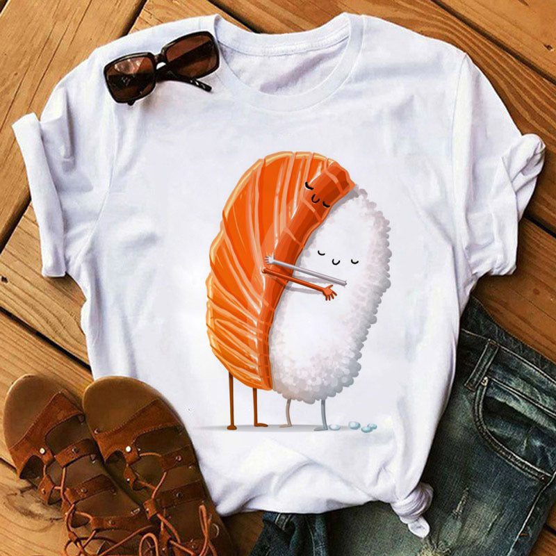 Summer Women Cute Sushi Hug Short Sleeve T-shirts by Glamytek