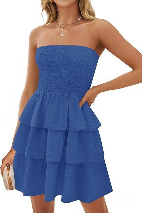 Women's Summer Pleated Tube Top Dress Off-the-shoulder Dress by Glamytek