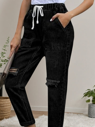 2025 New Women's Casual Set Wearing Distressed Stretch Jeans, Elastic Waisted Jeans, Denim Jogging Pants by Glamytek