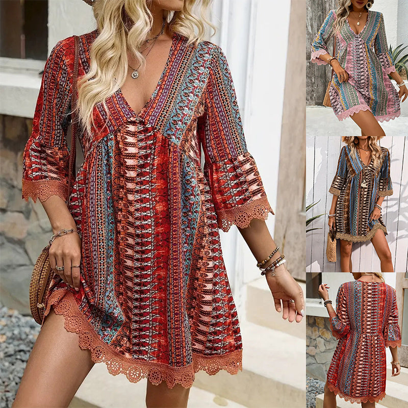 Bohemian Style V-neck Printed Dress Fashion Casual Loose Beach Dresses For Women by Glamytek