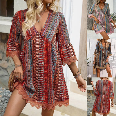 Bohemian Style V-neck Printed Dress Fashion Casual Loose Beach Dresses For Women by Glamytek