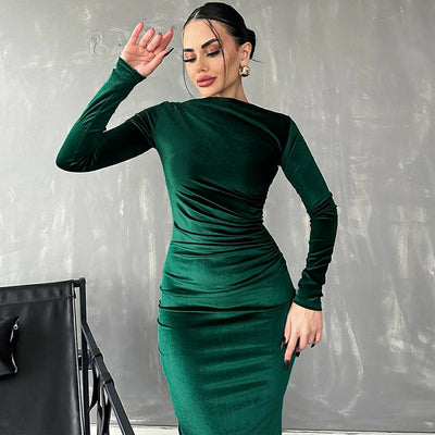 Solid-color fitted pleated round-neck long-sleeved dress by Glamytek