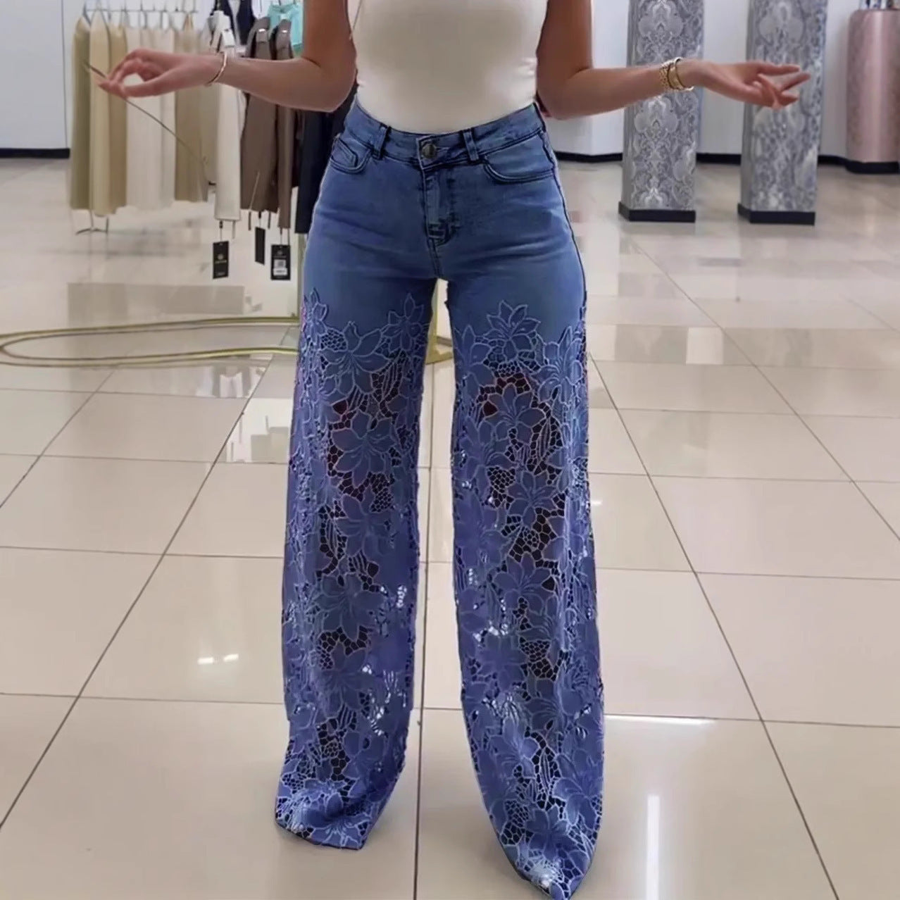 Y2K Lace Flowers Hollow Jeans Fashion High Waist Straight Wide Leg Pants Solid Color Trousers Women's Clothing by Glamytek