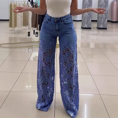 Y2K Lace Flowers Hollow Jeans Fashion High Waist Straight Wide Leg Pants Solid Color Trousers Women's Clothing by Glamytek
