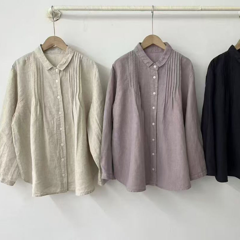 Women's Lapel Japanese Long Linen Sleeves Shirt by Glamytek