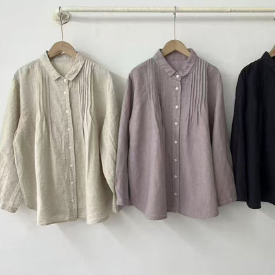 Women's Lapel Japanese Long Linen Sleeves Shirt by Glamytek