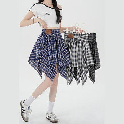 Asymmetrical Plaid A-Line Skirt with Tie Straps by Glamytek