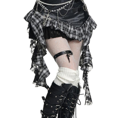 Women's Irregular Ruffled Plaid PU Leather Skirt by Glamytek
