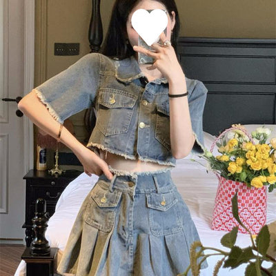 Washed Raw Edge Shirt Denim Suit by Glamytek