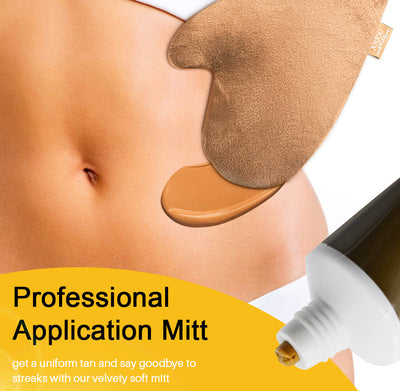 Bronzing 50ml tanning cream body lotion self tanner being applied with a tanning mitt on a toned abdomen.