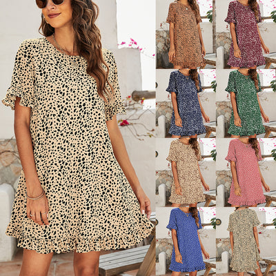 Leopard Print Round Neck Short Front And Back Long Ruffle Dress Women by Glamytek