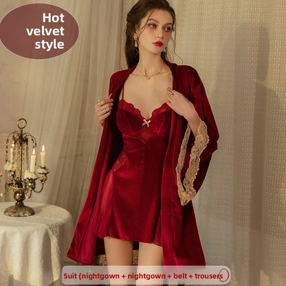Women's Velvet Nightgown with Pads and Lace Trim