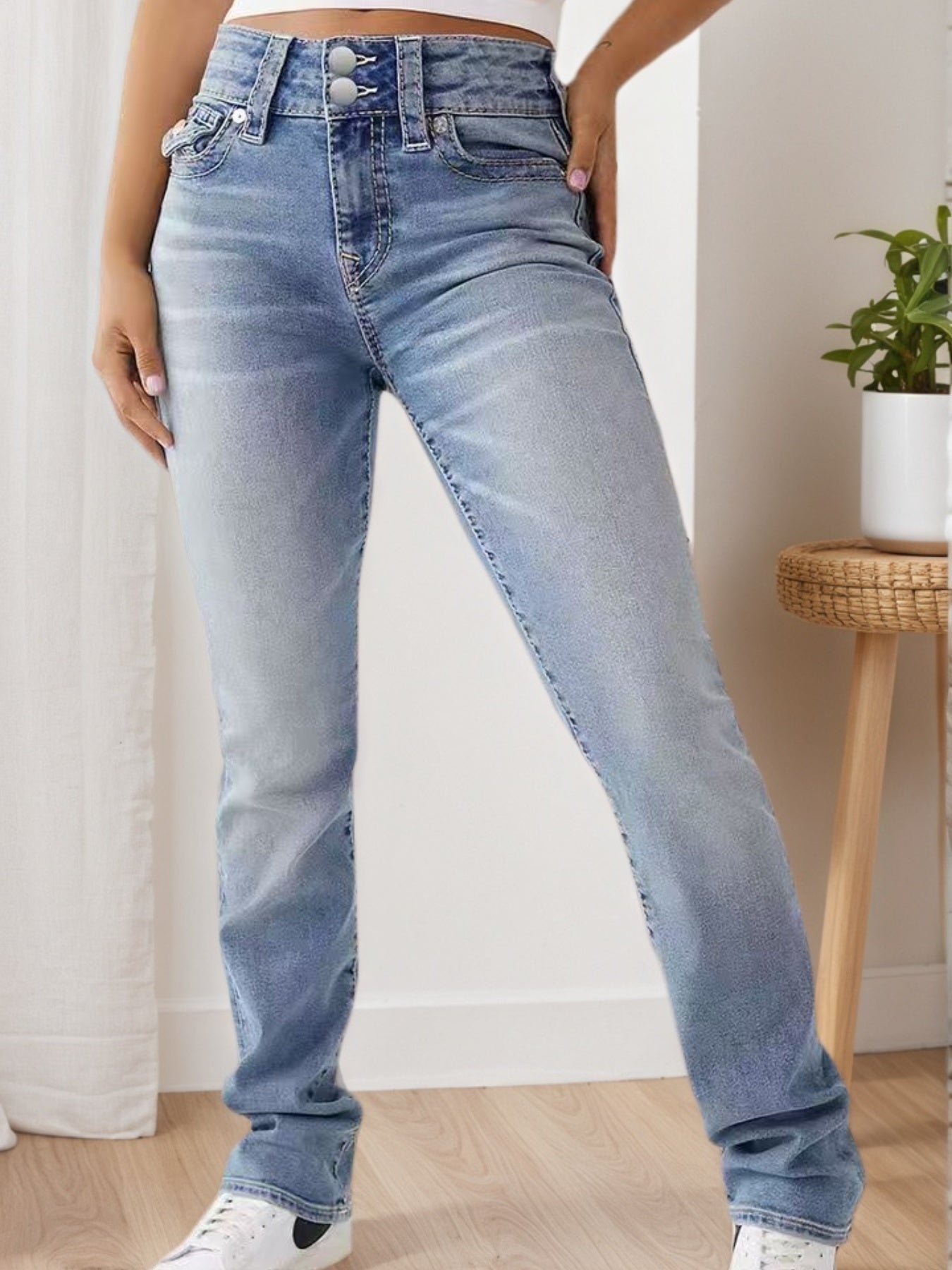 Women's High Waisted Elastic Slim Fit Wide Leg Jeans - Retro Washed Light Blue, All Season Casual Pants, Built-in Zipper, Machine Washable, Multifunctional, Comfortable And Fashionable Clothing by Glamytek