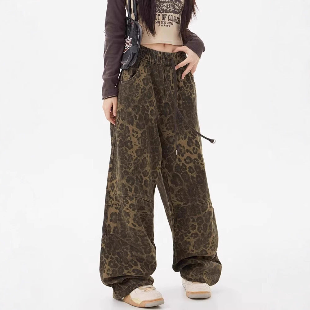 Leopard Print Women's Design Elastic Waist Loose Wide Leg Pants by Glamytek
