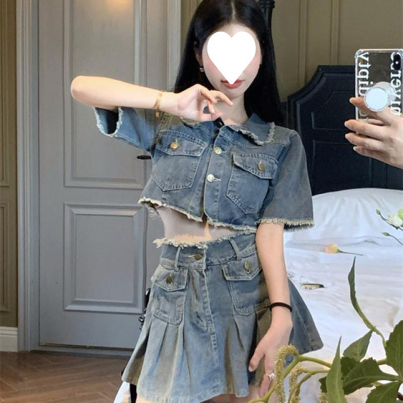 Washed Raw Edge Shirt Denim Suit by Glamytek