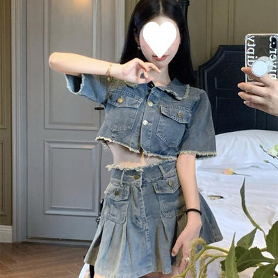 Washed Raw Edge Shirt Denim Suit by Glamytek