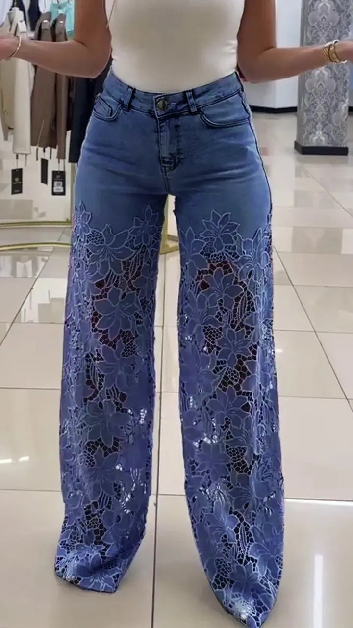 Y2K Lace Flowers Hollow Jeans Fashion High Waist Straight Wide Leg Pants Solid Color Trousers Women's Clothing by Glamytek