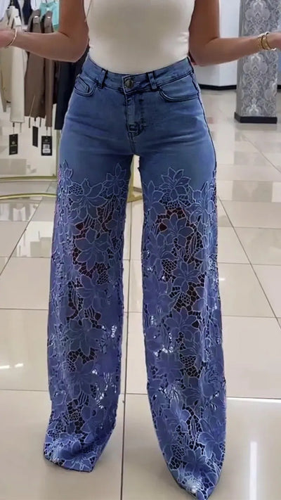 Y2K Lace Flowers Hollow Jeans Fashion High Waist Straight Wide Leg Pants Solid Color Trousers Women's Clothing by Glamytek