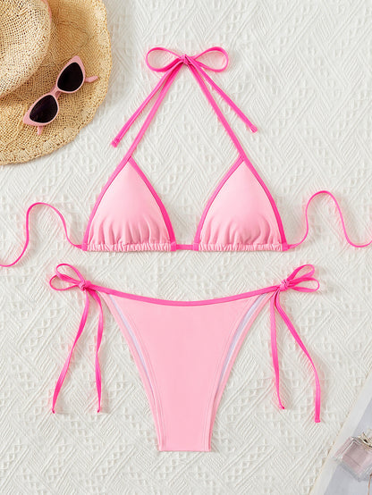 Contrasting-color printed lace-up sexy two-piece swimsuit
