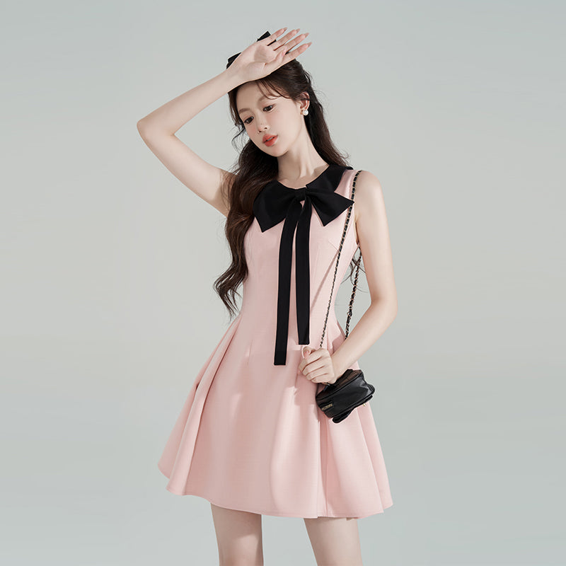 Tweed Style Pink Bows Halter Neck Dress