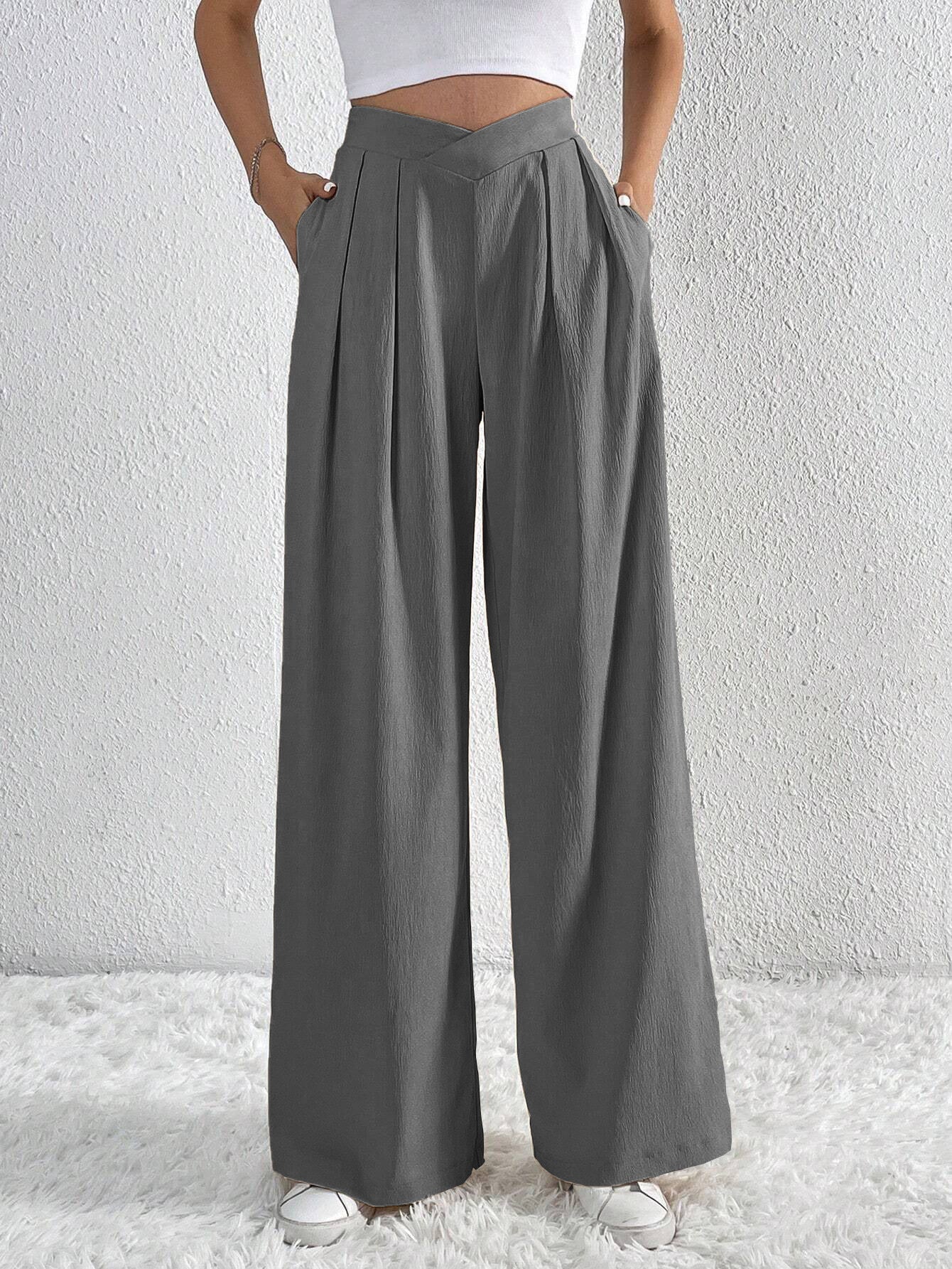 Summer New Solid Color Pleated Casual Wide-leg Pants Loose Casual Women's Commuting Versatile Style Comfortable TrousersS by Glamytek