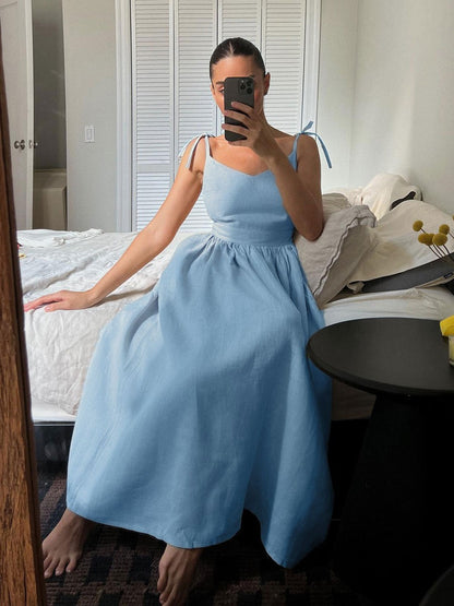 Elegant Linen Strappy Backless Long Dress