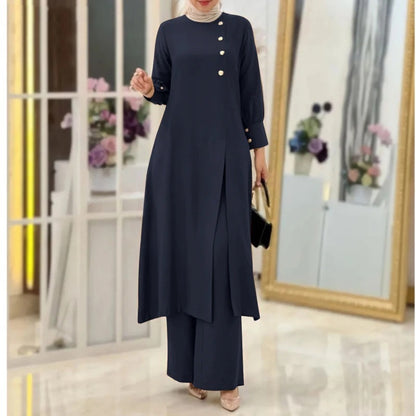 Women's Two-Piece Elegant Long Shirt Wide Leg Pants Set