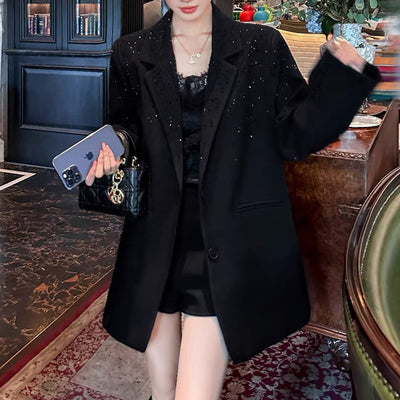 Black Niche Design Rhinestone Suit Jacket For Women