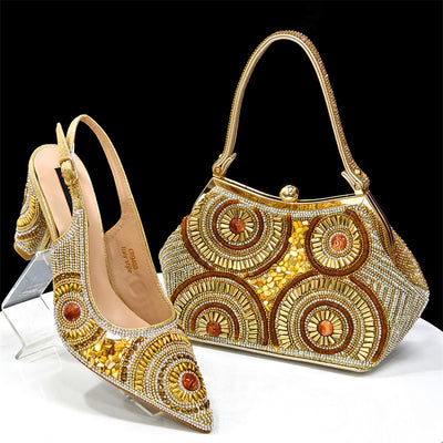 Rhinestone high-heeled pointed-toe sandals and an irregular-shaped handbag by Glamytek