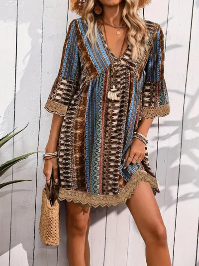 Bohemian Style V-neck Printed Dress Fashion Casual Loose Beach Dresses For Women by Glamytek
