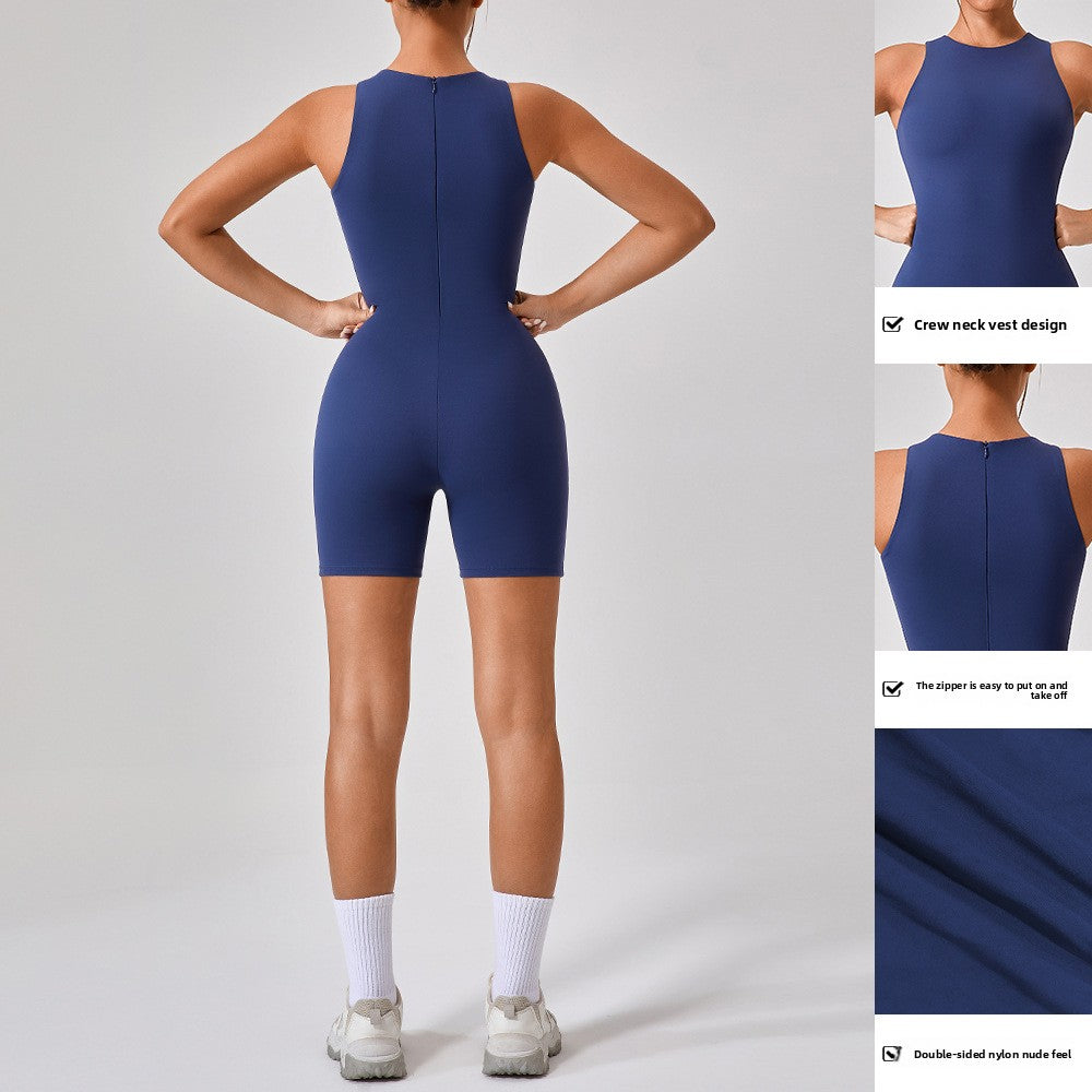 Short, sheer, form-fitting yoga one-piece suit