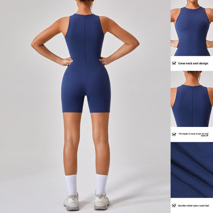 Short, sheer, form-fitting yoga one-piece suit
