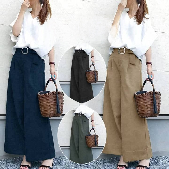 Two-piece set of wide-leg trousers with a belt