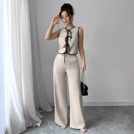 Sleeveless Lace-Up Top Wide-Leg Pants
