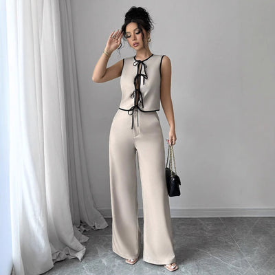 Sleeveless Lace-Up Top Wide-Leg Pants by Glamytek