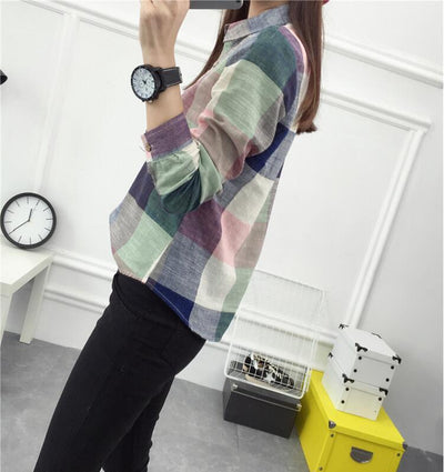 asual Plaid Women Blouses Kimono Vintage Linen Cotton Long Sleeve Blouse Female Shirts Tops by Glamytek