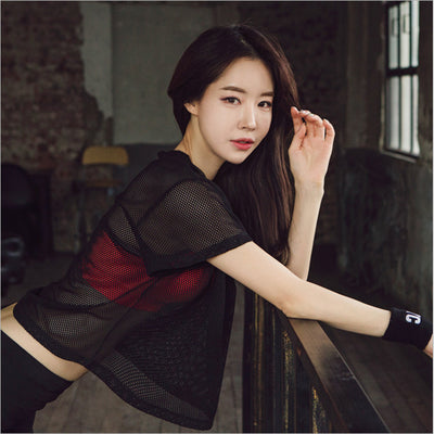 Women Yoga Shirt Hollow Out Mesh Blouse Crop Tops Sports Running Tshirt Breathable Fitness Tops Gym Clothing for Women by Glamytek