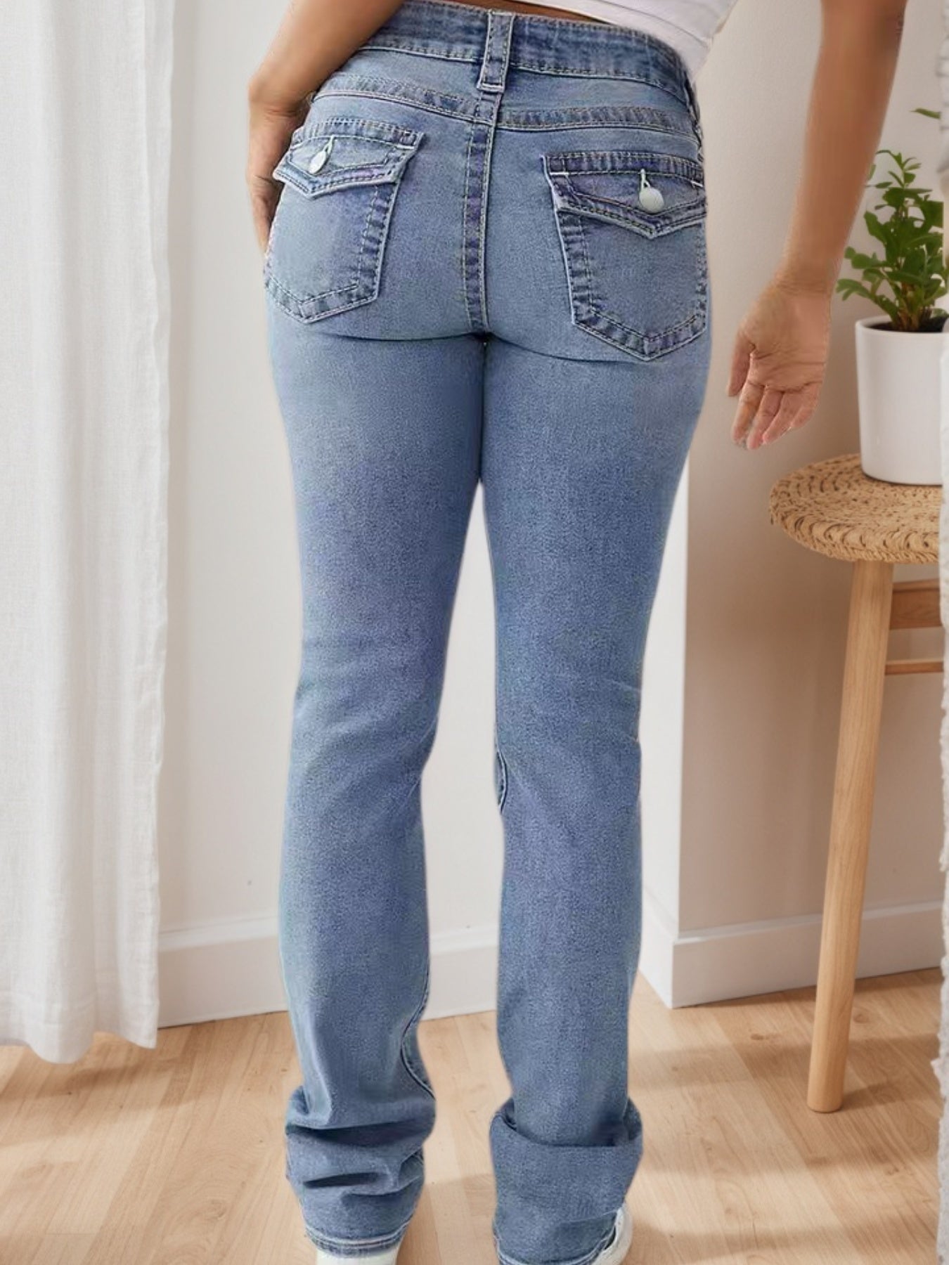 Women's High Waisted Elastic Slim Fit Wide Leg Jeans - Retro Washed Light Blue, All Season Casual Pants, Built-in Zipper, Machine Washable, Multifunctional, Comfortable And Fashionable Clothing by Glamytek