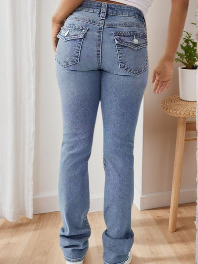Women's High Waisted Elastic Slim Fit Wide Leg Jeans - Retro Washed Light Blue, All Season Casual Pants, Built-in Zipper, Machine Washable, Multifunctional, Comfortable And Fashionable Clothing by Glamytek