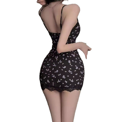 Pure Girl Black Butterfly Lace Modal Sexy Slip Nightgown by Glamytek