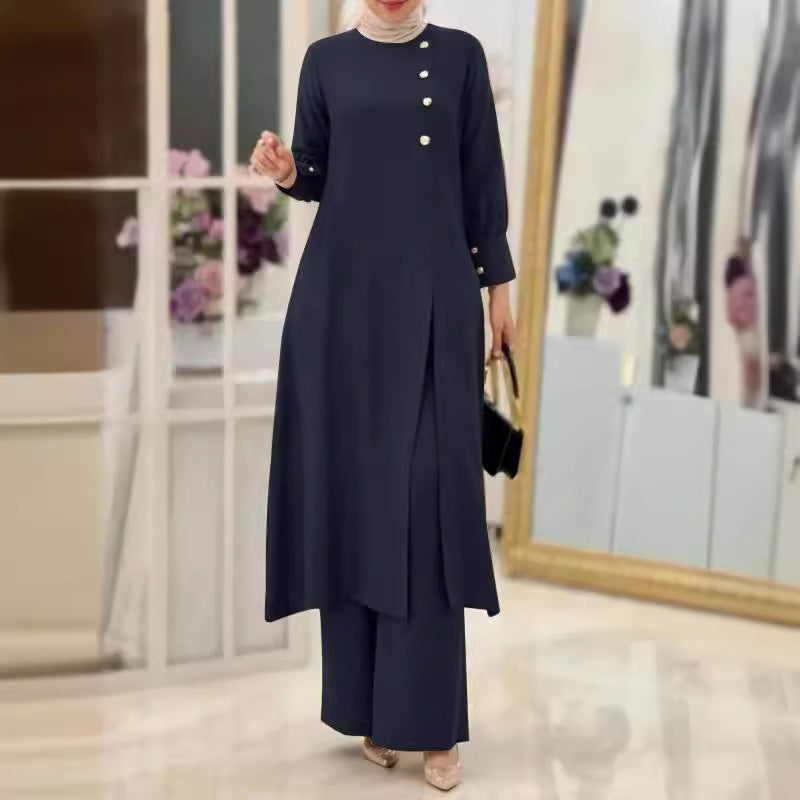 Women's Two-Piece Elegant Long Shirt Wide Leg Pants Set