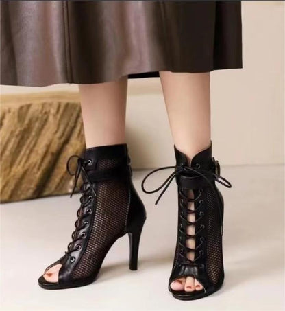 Fashion Fish Mouth Hollow Mesh Cross Lace Buckle High Heel Dance Shoes
