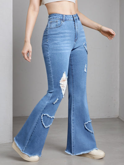 2025 New Women'S High-Stretch Flare Jeans With Heart Embroidery Patchwork - Trendy Distressed Denim Bell Bottoms, Comfortable & Versatile Light Blue Casual Pants,Fashion And Leisure by Glamytek